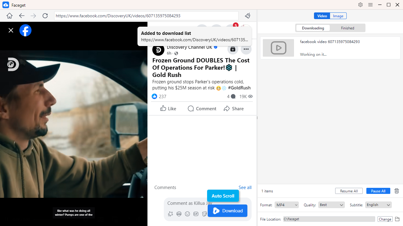 add fb video to faceget download queue