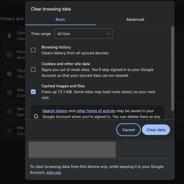 chrome clear cached images and files