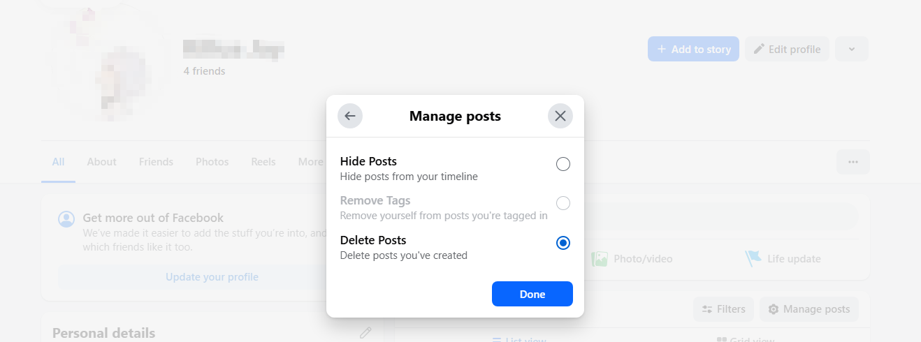 delete selected facebook posts