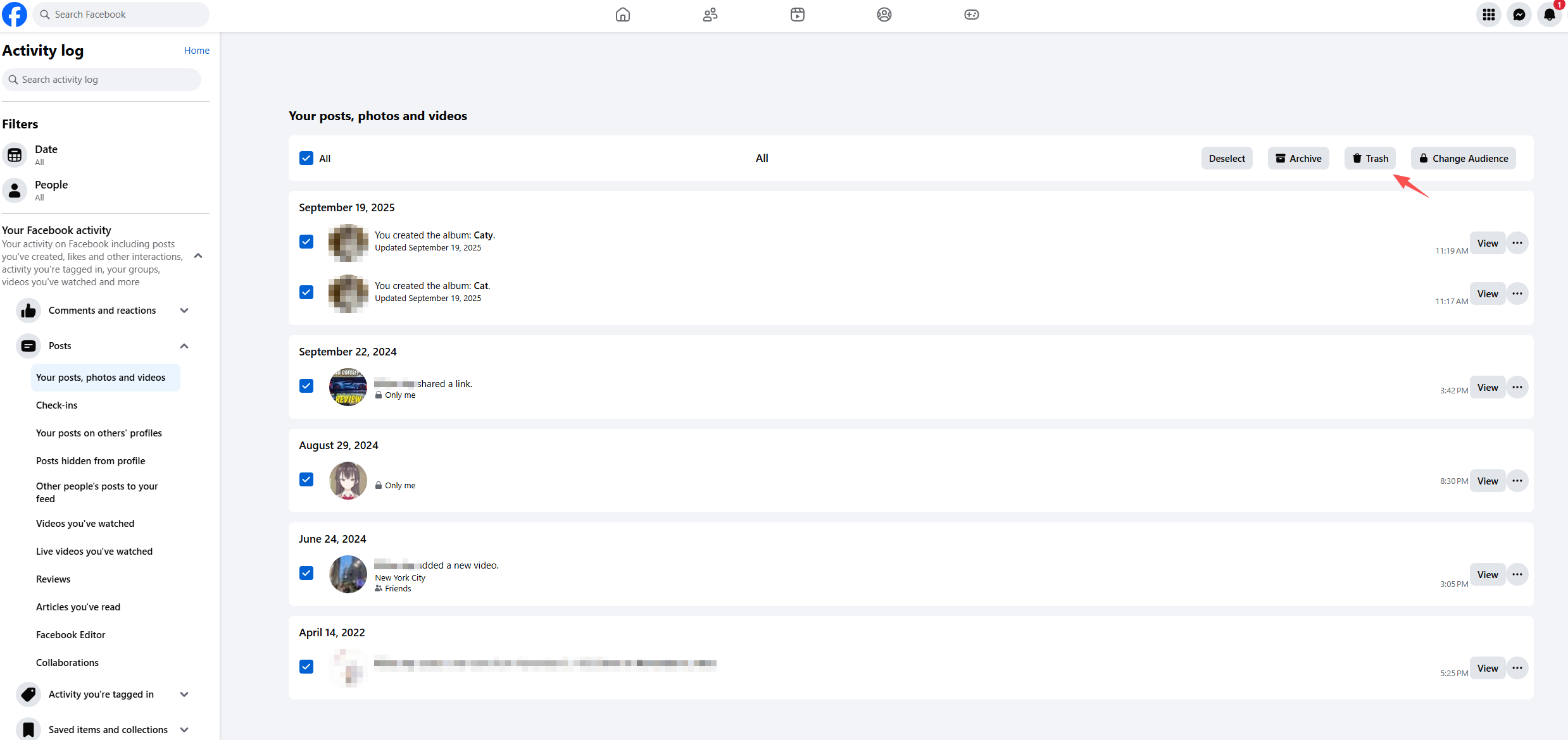 facebook activity delete posts photos and videos